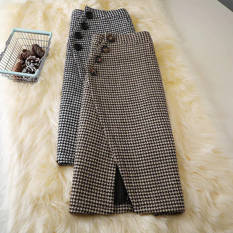 Woolen Skirt High Waist Package Hip Skirt Houndstooth Plaid Long