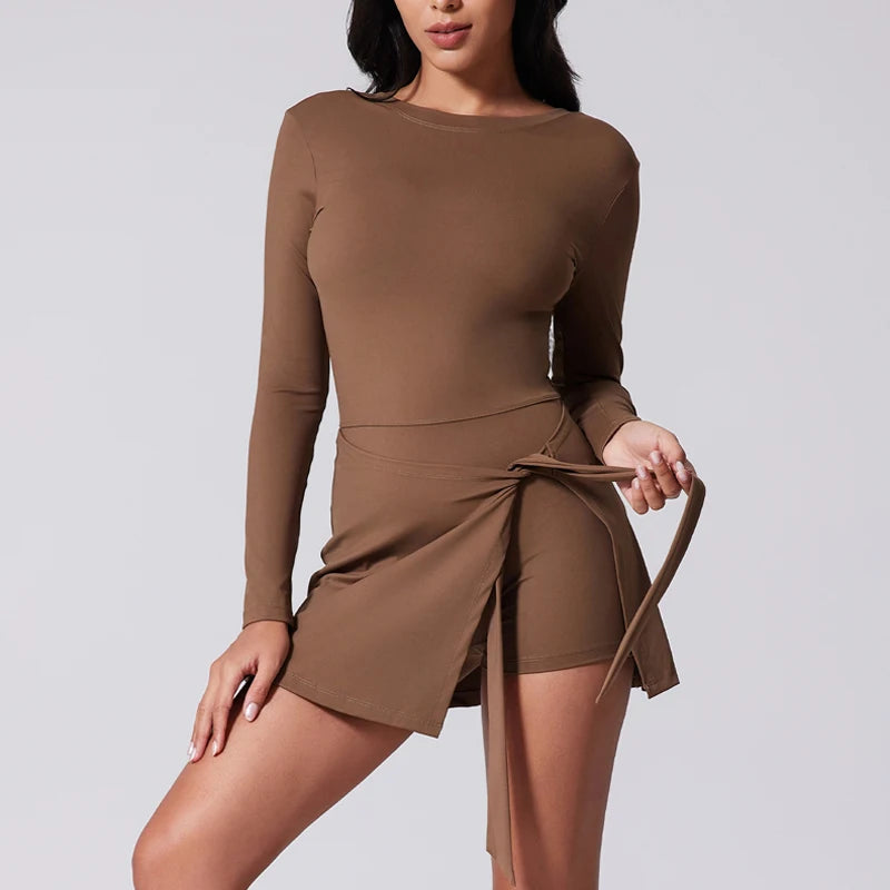 Women's O-Neck Tennis Dress Long Sleeve Sarong Wrap Skirt Built in Shorts Golf Athletic Dress Workout Rompers