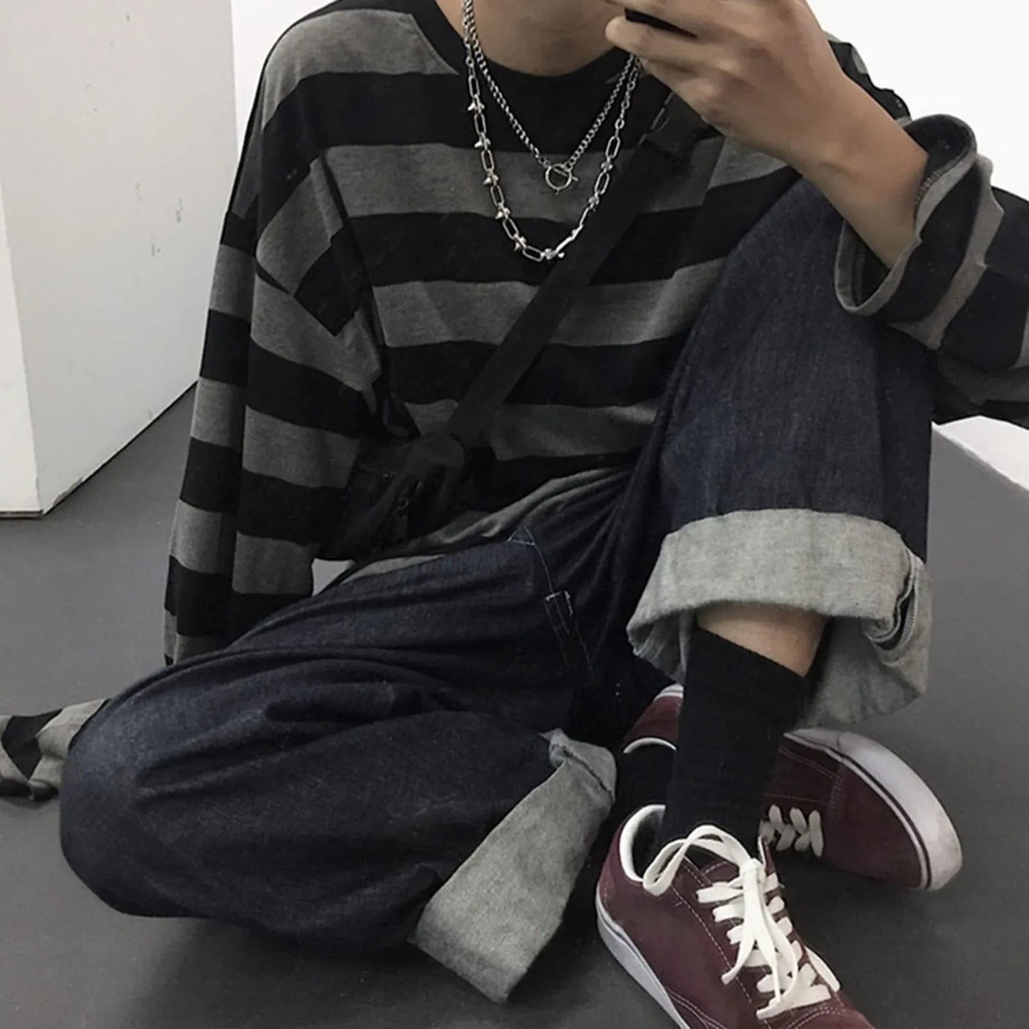 Women Striped T-shirt Long Sleeved Bottoming Shirt Women Crew Neck Loose Oversized Tops