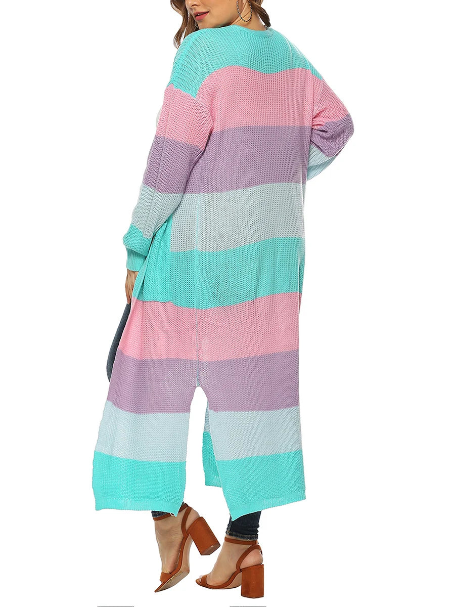 Women s Open Front Long Cardigan Sweater with Pockets Long Sleeve Contrast Color