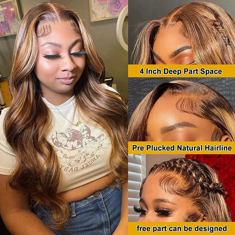 13x6 Hd Transparent Body Wave Lace Front Wig Colored Highlight Human Hair Wigs  4/27 Blonde