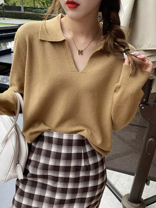 Polo Neck Sweater Pullovers Long Sleeve Tops Women Autumn Winter Clothes Knit Soft Jumper Streetwear Simple Sweater