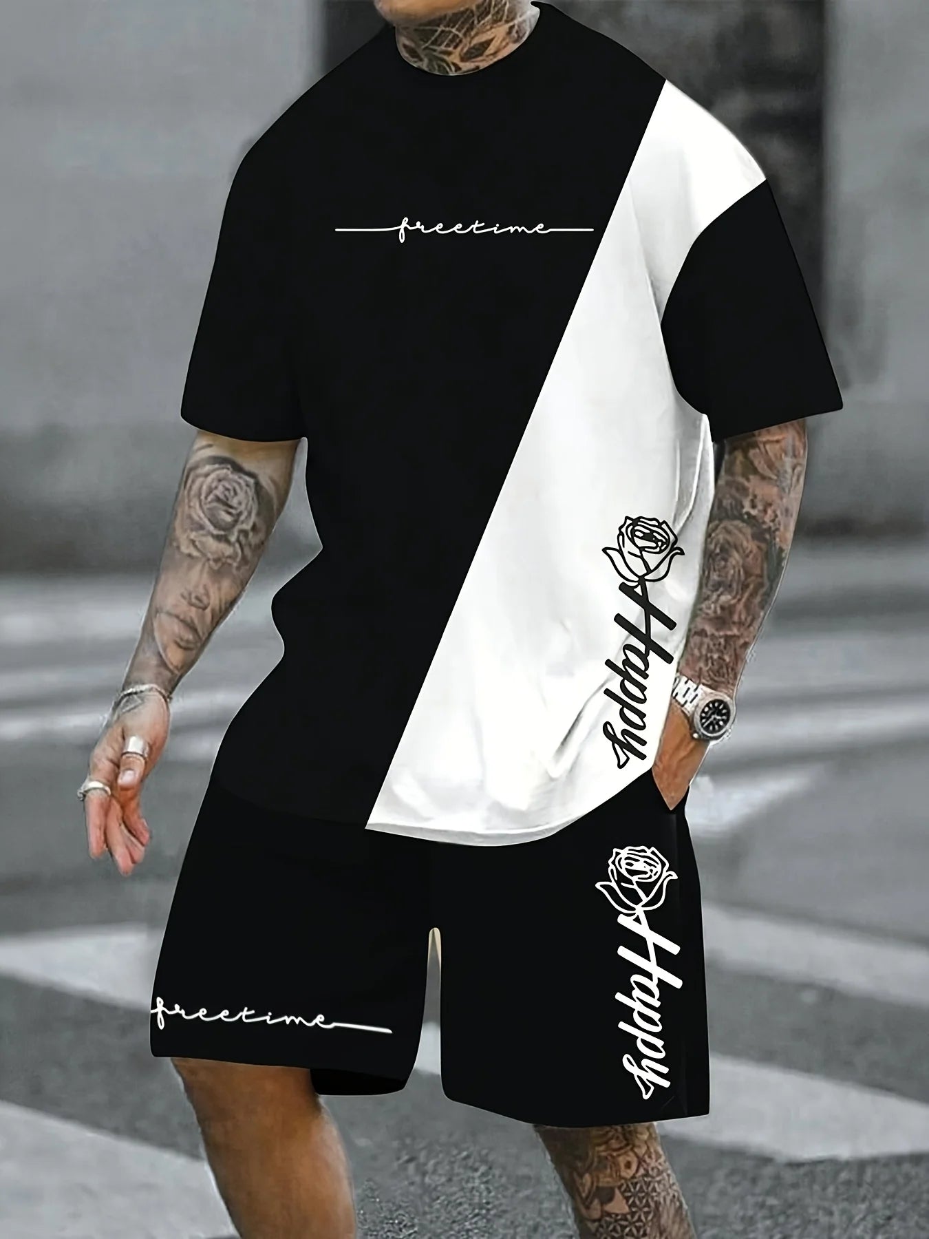 Men's T-Shirt Basic Print T-Shirt Casual Summer Short Sleeve Shirt Top and Drawstring Shorts Set