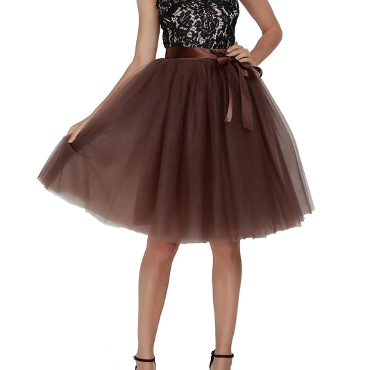 Knee Length Women A-Line Tulle Skirts Lace Up Multi Layered Tulle Petticoat Midi Skirt