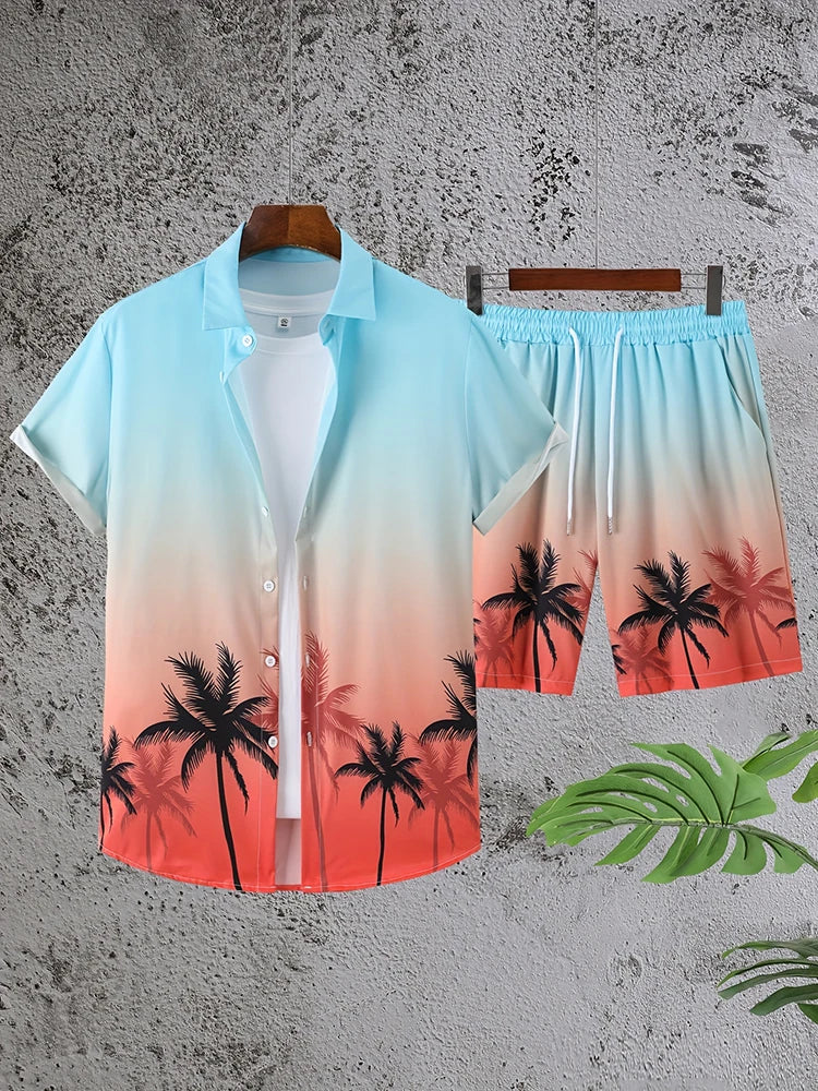 Fashion Hawaii Set Coconut Print Men's Shirt 2 Piece Luxury 3D Holiday Set Short Sleeve Casual Shirt Beach Two Piece Men's Set