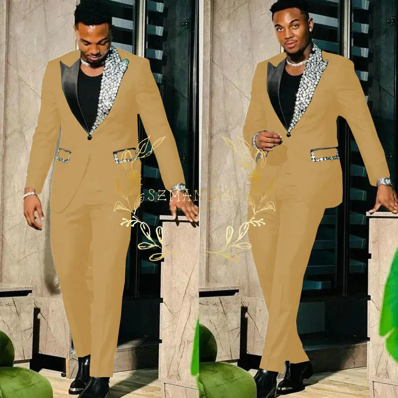 Suits for Men Slim Fit Single Breasted Peak Lapel Blazer High Quality Crystal Prom Party 2 Piece Jacket Pants Sets Terno