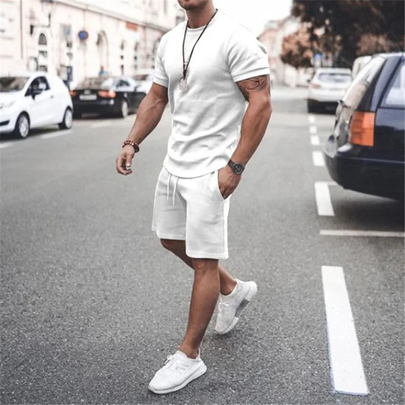 Solid Color Europe and The United States Men's  Summer  Short Sleeve T-shirt  +Shorts 2pcs Set Leisure Sports Men Suit