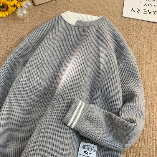 Retro Color Collision Twist Sweater Loose Fit Round Neck Knit Pullover
