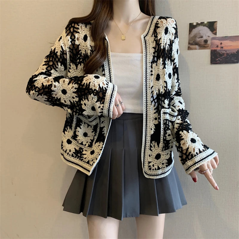 Daisy Crochet Cardigan for Women Openwork Long Sleeve Open Front Knitted Jacket Vintage Festival Outfit