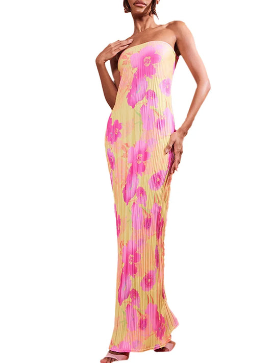 Floral Print Maxi Dress with Off Shoulder Design and Sleeveless Silhouette