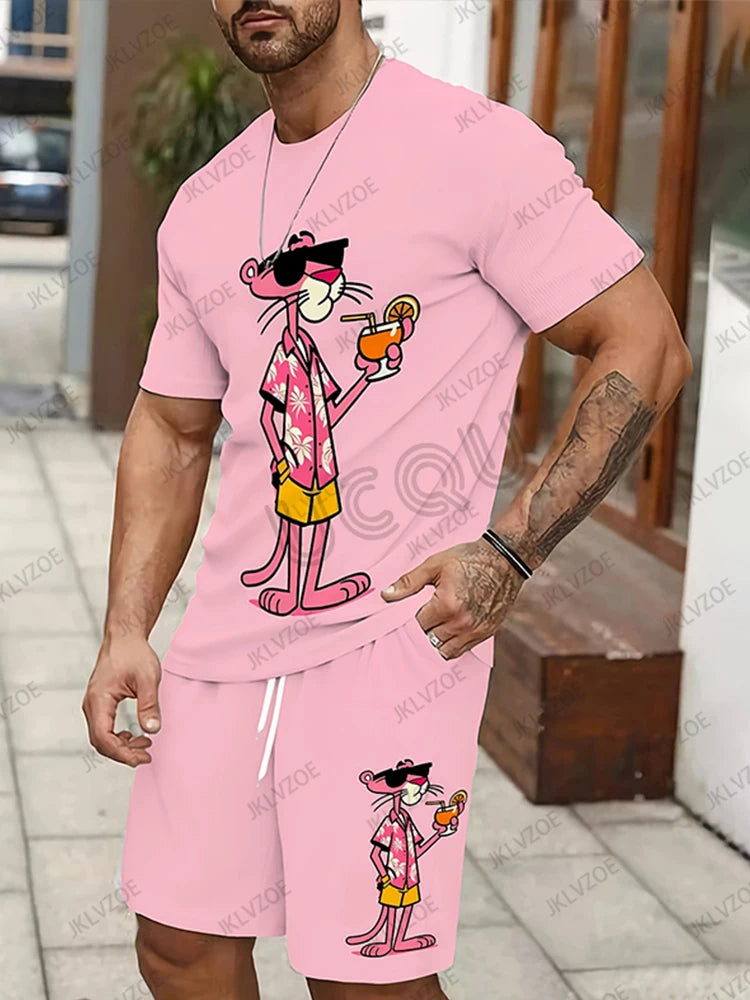 Men's Tracksuit Sets Pink Panther Short Sleeve T-Shirt Suit Casual Suit Sports Streetwear Shorts 2 Piece Male Clothes