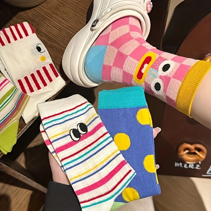 5 Pairs Of Colorful Cartoon Socks Quirky And Cute Mid-calf Socks, Comfortable And Breathable For Daily Work