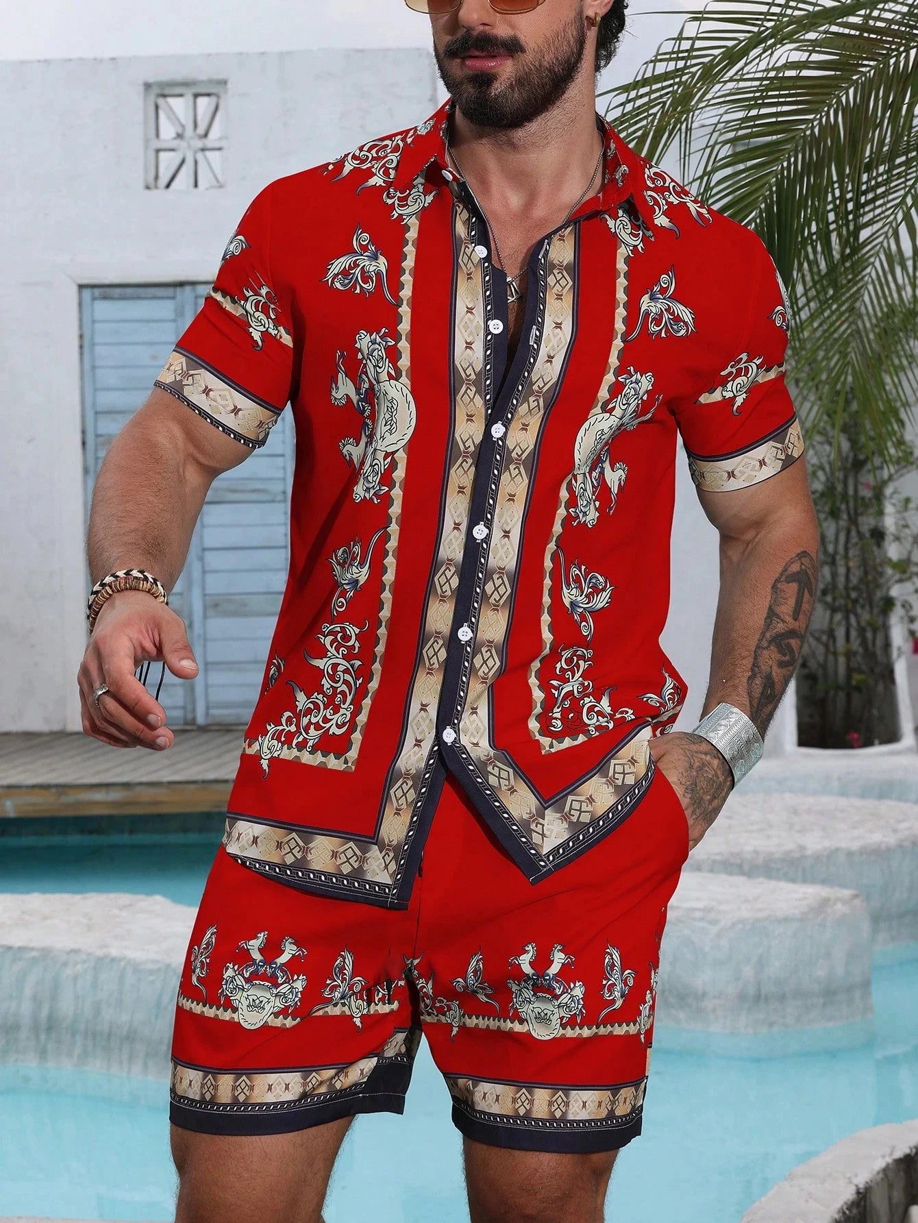 Baroque Luxury Printed Men's Shirt Shorts 2 Piece Set Summer Casual Shirt Hawaiian Beach Short-sleeved Men's Suits Clothing