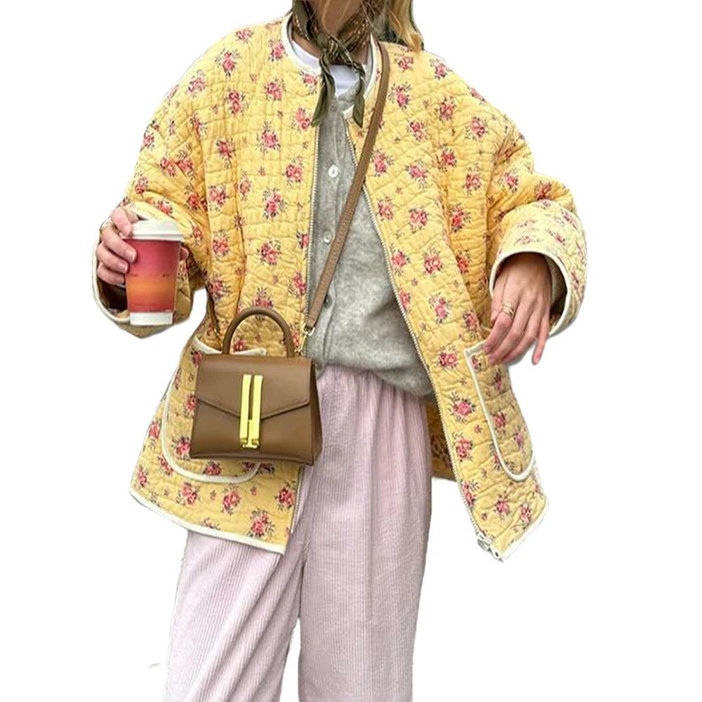 Floral Print Pocket Cardigan Quilted Jacket Elegant High Street Outerwear