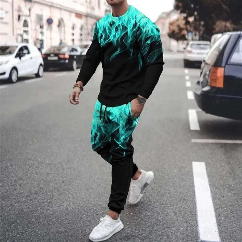 Men's 3D printed sweatshirt set Colorful Flame cap sweatshirt Sweatshirt sweatpants crew neck sportswear