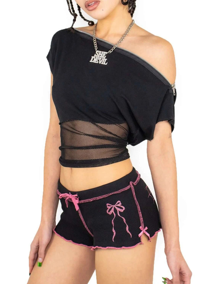 High Waist Lounge Shorts with Side Slits and Bow Detail for Summer Sleepwear Cheeky shorts