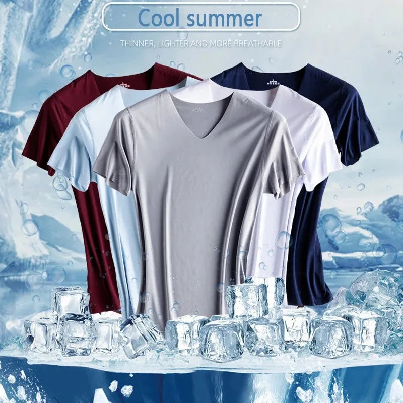 Men's Women's Sports Ice Silk Seamless Short Sleeves Gym Running Fitness Cycling T-Shirt Breathable Fit Solid Color V-neck