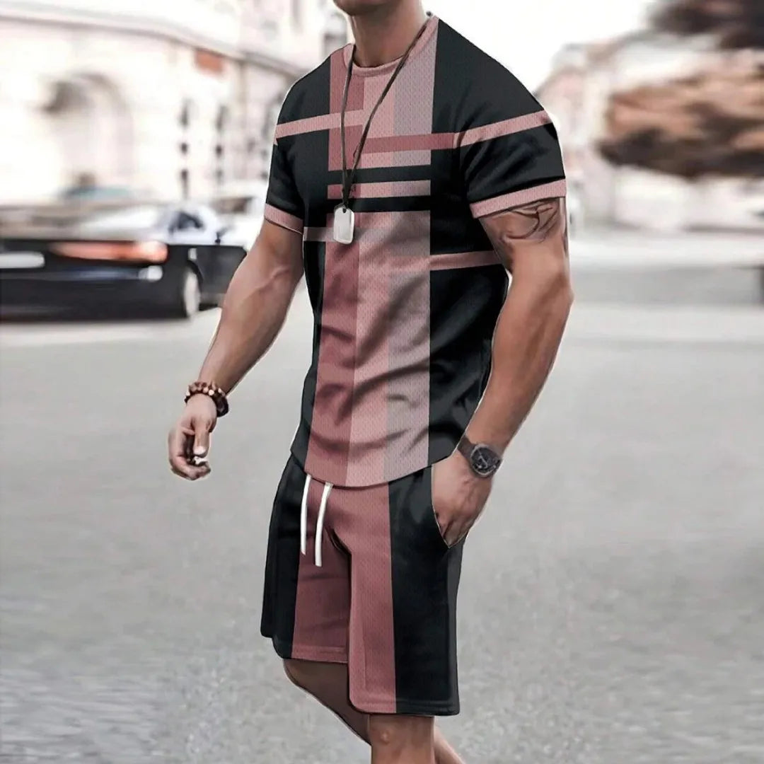 Fashion Men's sports shorts Short sleeve T-shirt style casual shorts set Retro cool breathable and two piece set