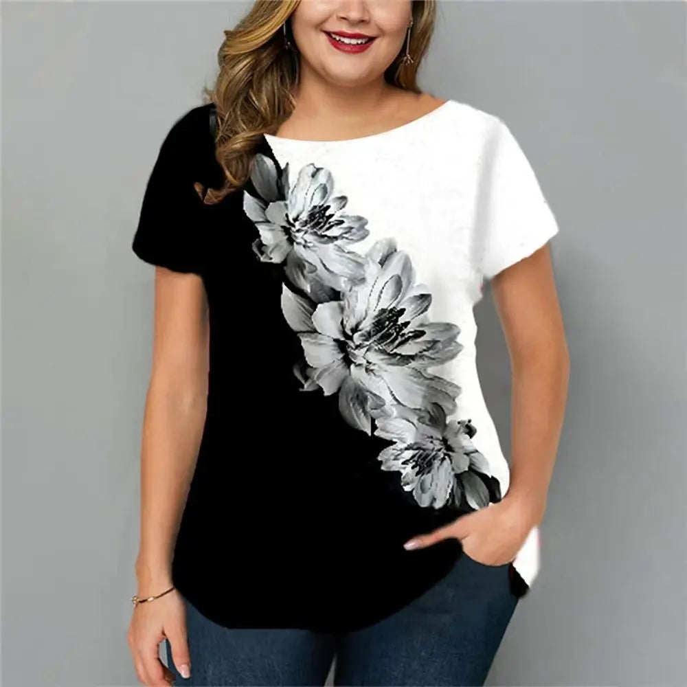Women's T-Shirts Spring Clothing Floral Graphic O-Neck Pullovers Short Sleeve Tops Streetwear Oversized Apparel Ladies
