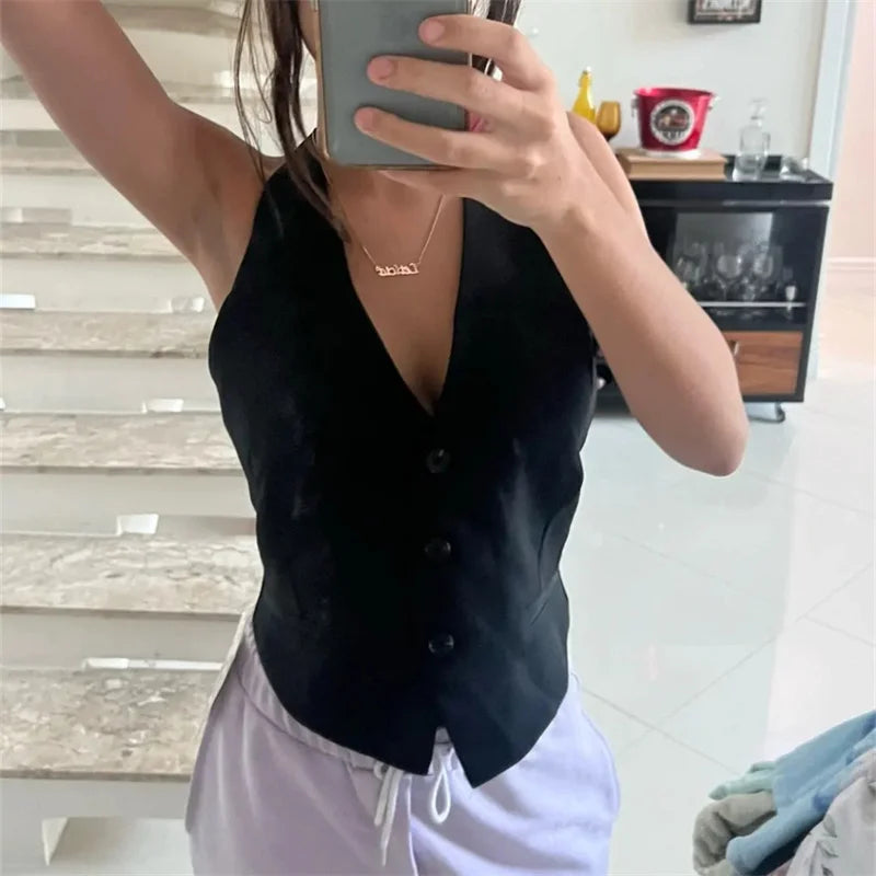 Off Shoulder Sleeveless Vest Women Cropped Vest Woman Fashion Backless V Neck Short Halter Summer Waistcoat