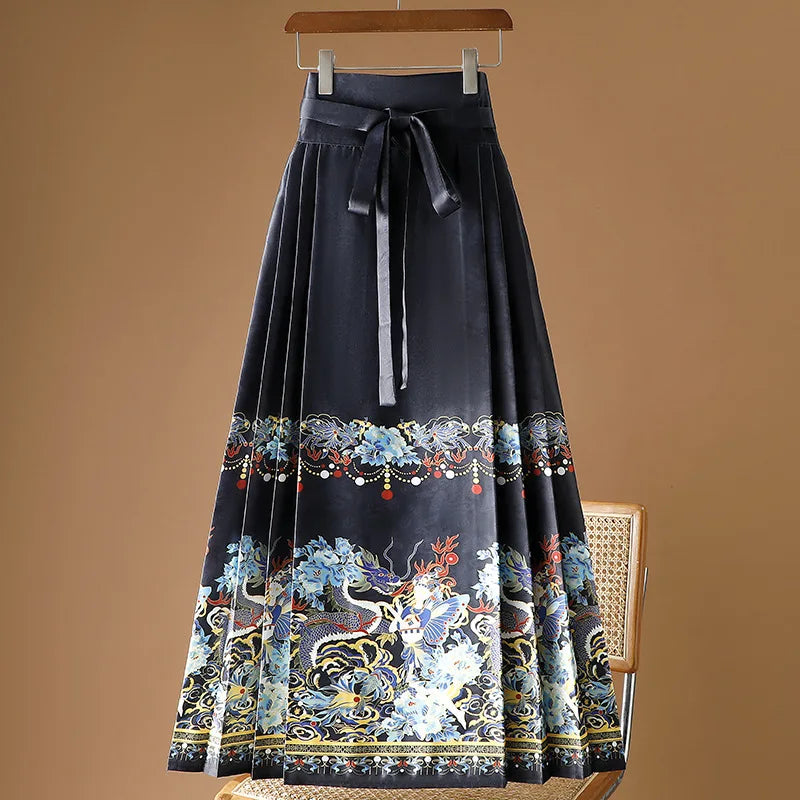Vintage Maxi Chinese Style Horse Face Skirts  Pleated