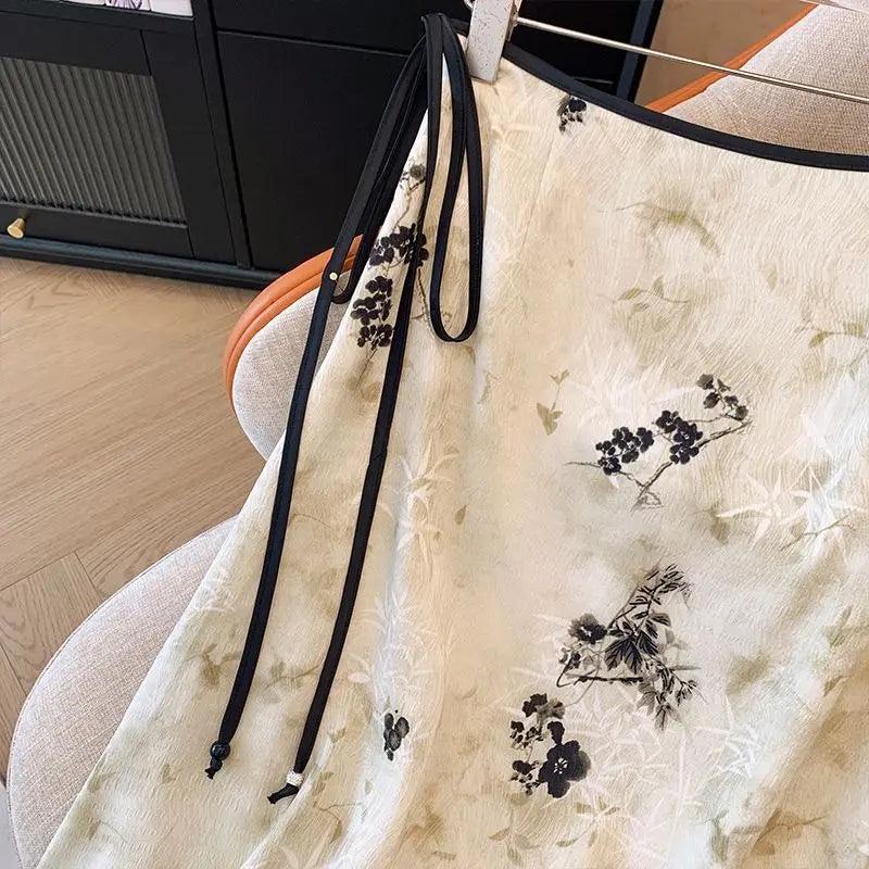High Waist Zipper Loose Chinese Style Drawstring A-Line  Skirt