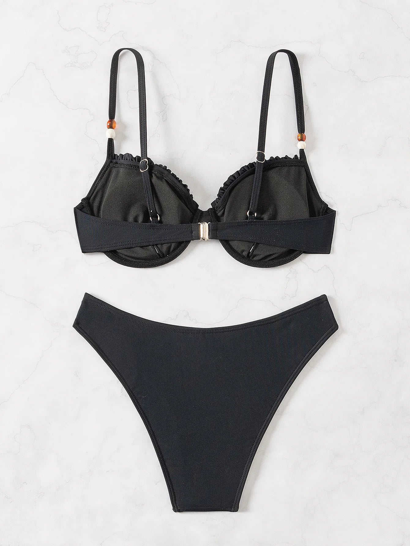 Solid Color Black 2-piece Swimsuit for Women V-neck Ruffle Suspender Backless Bikini Set High Waist