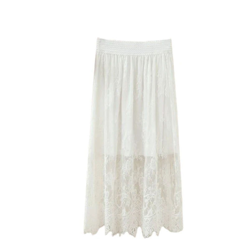 Floral Lace Maxi Skirt with Elastic Waistband and Sheer Mesh Overlay - Perfect for Layering Under Dresses