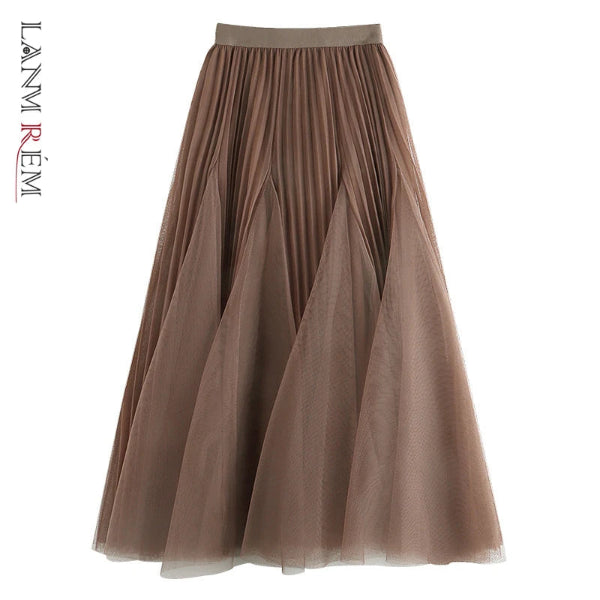 Irregular Stitching Mesh Large Swing Pleated  High Waist Mid Length Puffy Skirt