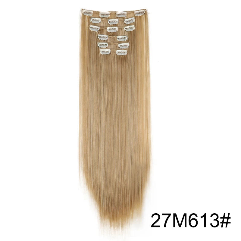 Synthetic 24Inch 16 Clips in Hair Extensions Long Straight Hairstyle Hairpieces Heat Resistant False Hair Daily Use
