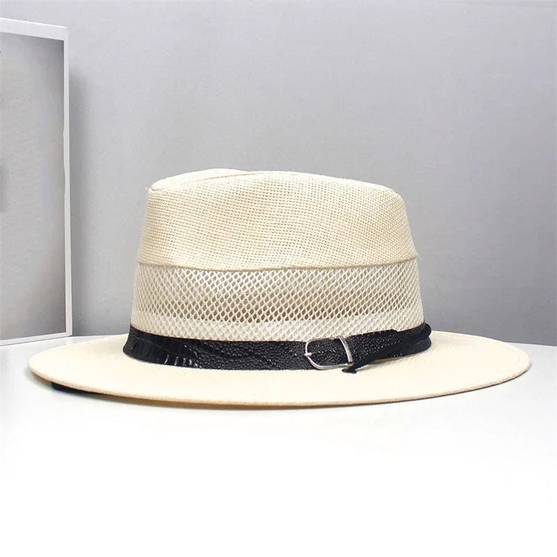 Stylish Unisex Straw Fedora Hat with Hollow Out Design and Black Belt Detail for Summer Beach Vacation or Outdoor Activities