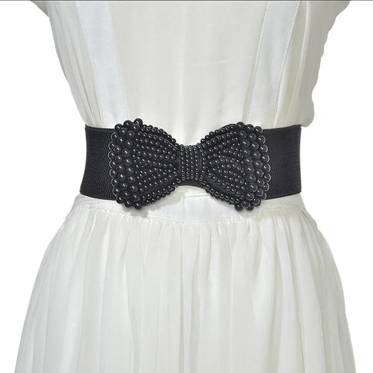 Women's Elastic Wide Belt Pearl Waist Cover Versatile Dress Decoration High Quality Wide Pearl Bow