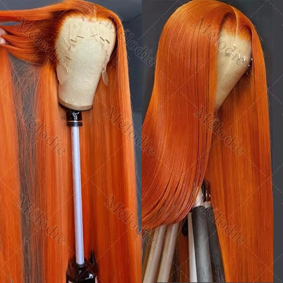 40 Inches Straight Ginger Orange Human Hair Wig Lace Front 13x6 13x4 HD Frontal Colored Wigs