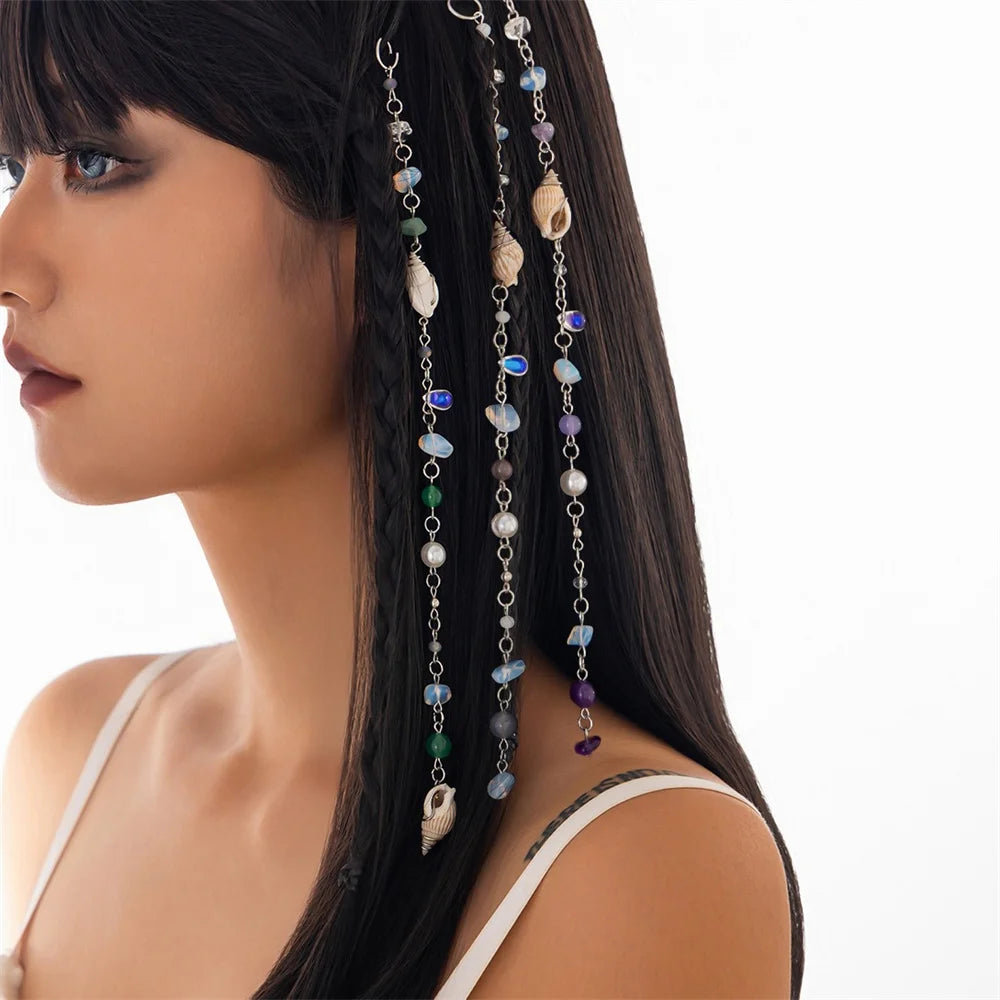 Long Chain Stone Beaded Alloy Braid Hair Ring Dreadlock Hair Ring for Women Conch Pendant Hair Jewelry for Braids Gifts
