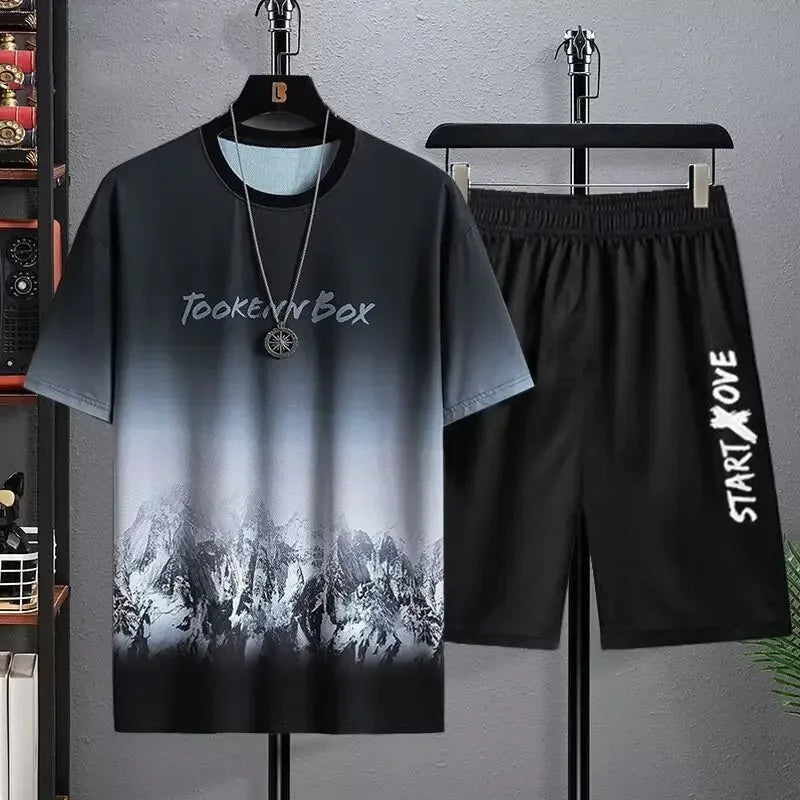 Men's Sets Summer Fashion T Shirts Casual Polyester Gradient Shorts Set Men's Sporty Two-piece Outfit Basketball Tracksuits