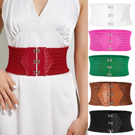 Vibrant Triple Buckle Elastic Waistband Ruffles Wide Belt - Elegant Decorative with Adjustable Strap