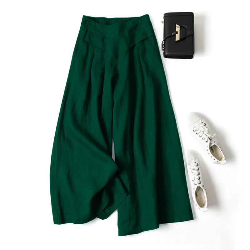 Summer Pants for Women Cotton Linen Large Size Wide Leg Pants Femme Arts Style Elastic Waist Solid Casual Loose