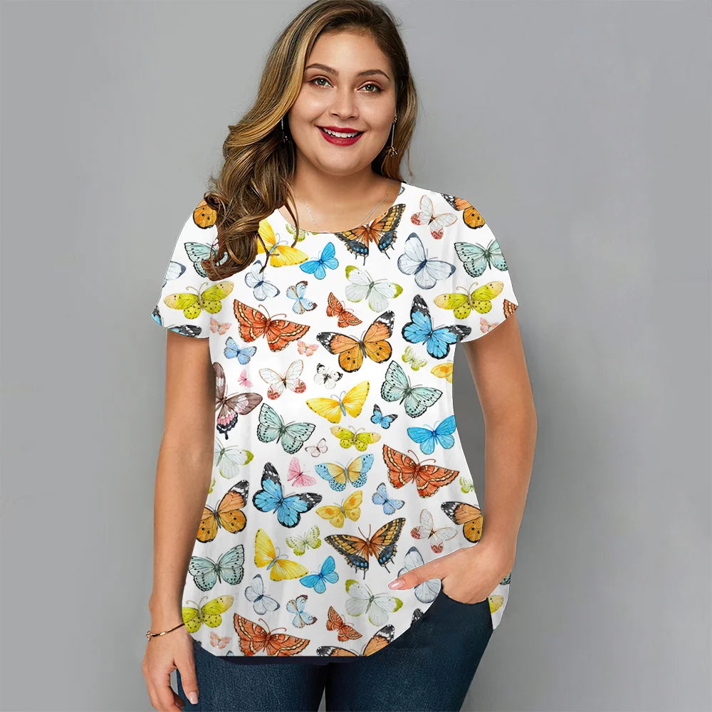 Women's T-Shirts Spring Clothing Floral Graphic O-Neck Pullovers Short Sleeve Tops Streetwear Oversized Apparel Ladies
