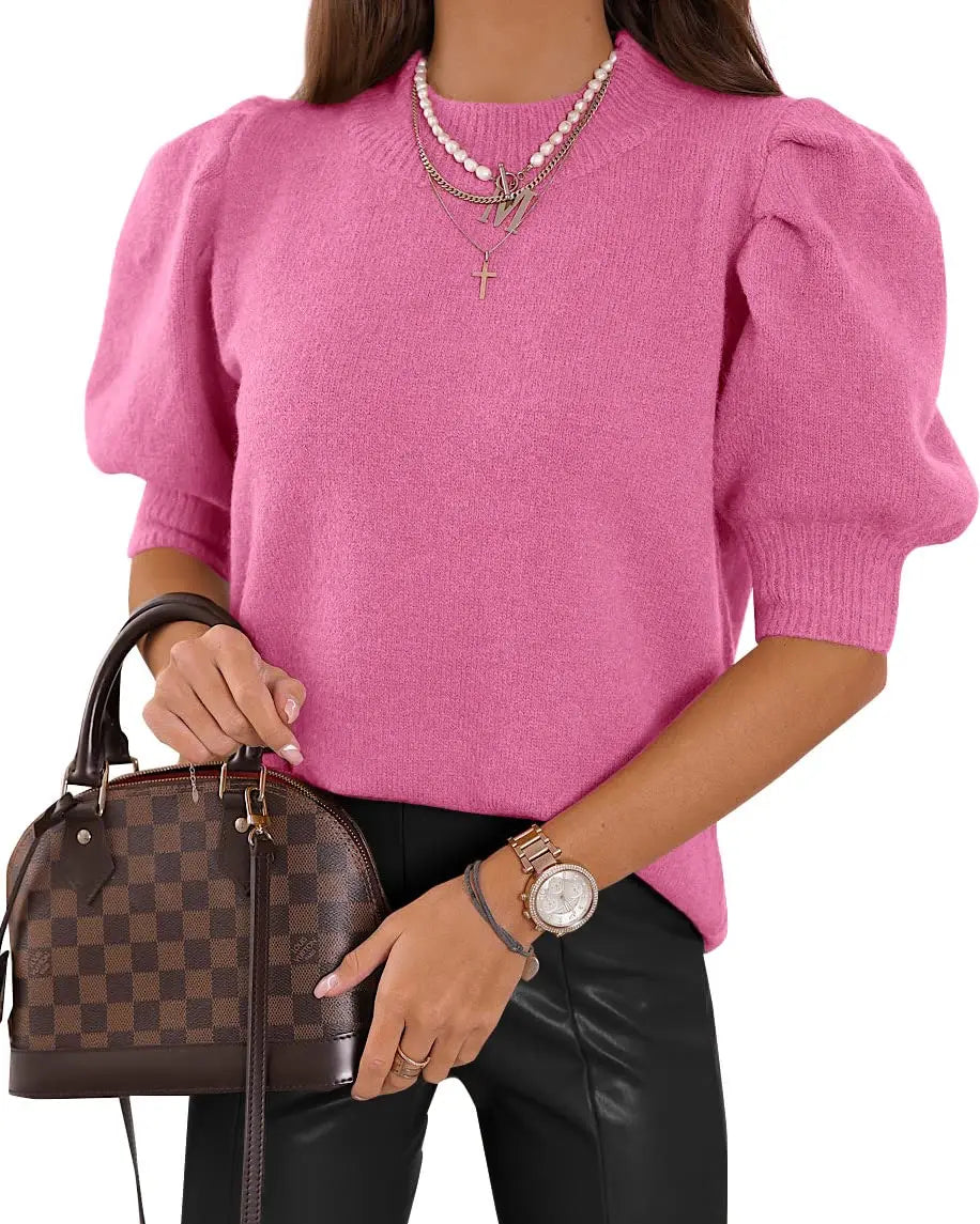 Women's Puff Short Sleeve Sweater Knitted Pullover Trendy Solid Crew Neck Casual Crop Tops Sweater