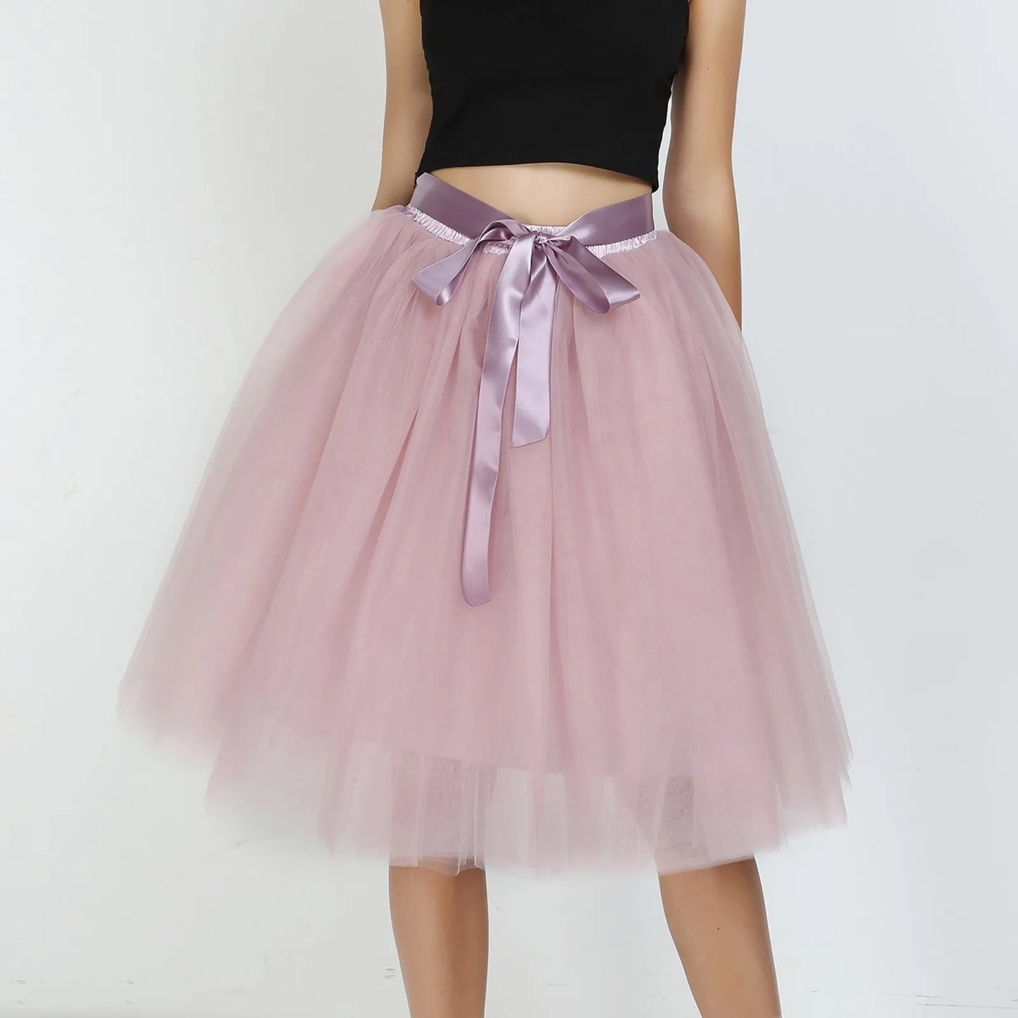 Knee Length Women A-Line Tulle Skirts Lace Up Multi Layered Tulle Petticoat Midi Skirt