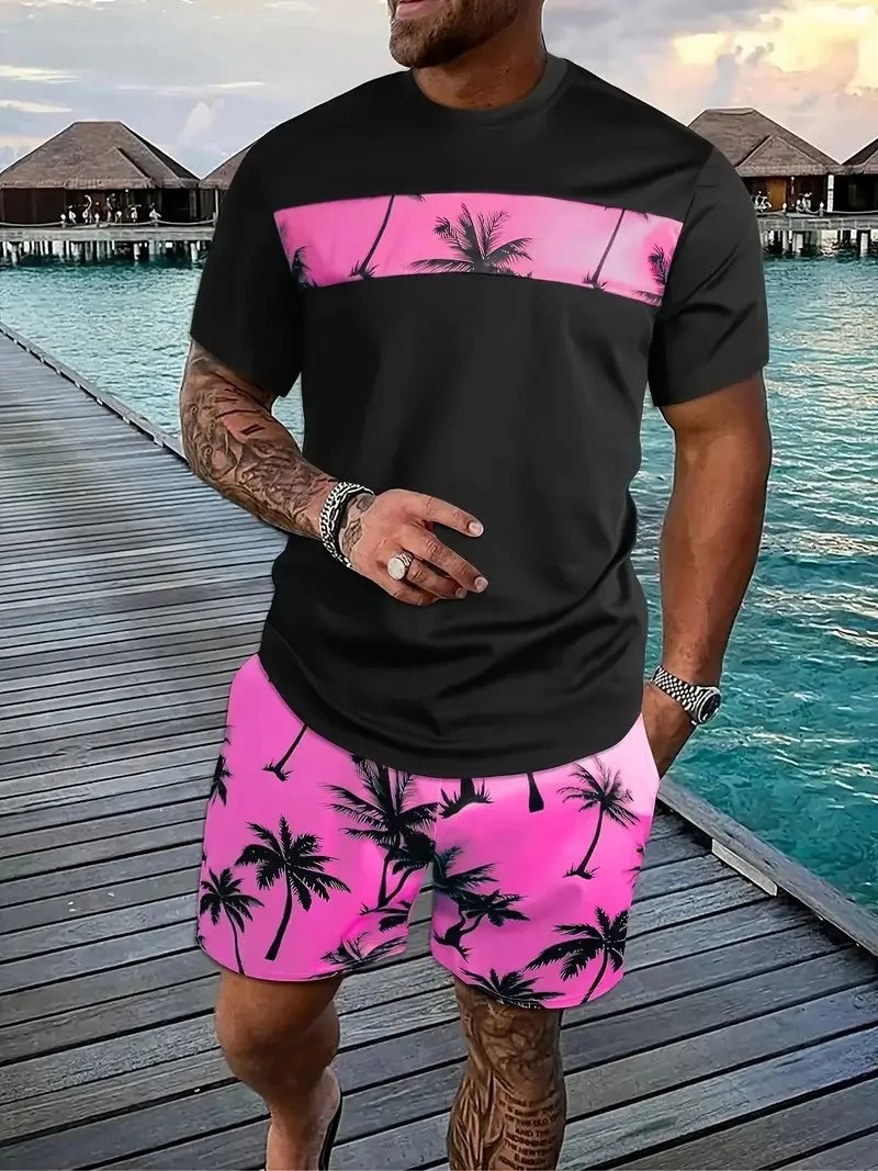 Men's round neck casual summer T-shirt, printed with cartoon characters and letter patterns, lightweight and breathable shorts