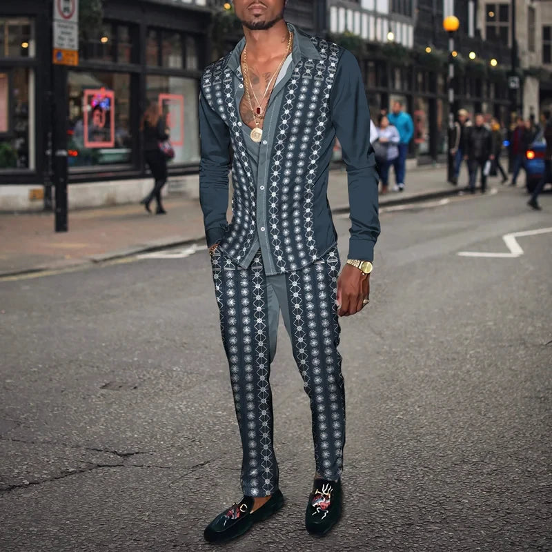 Retro Men's Shirt Suits 3D Luxury Print Fashion Men Casual Breathable Men's Lapel Long Sleeve Shirt Long Pants2 Pcs Set