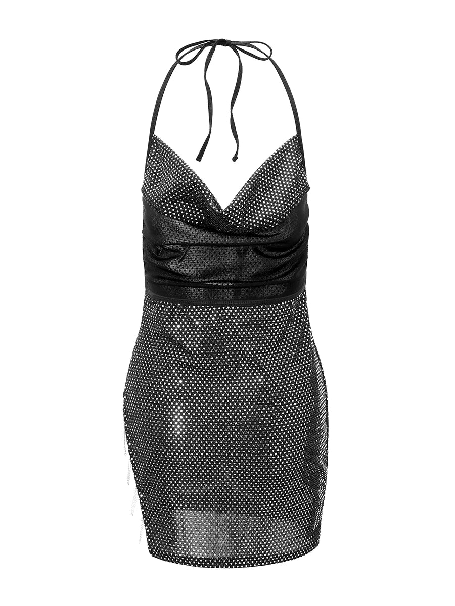Sexy Lace Lingerie Nightwear Deep V-Neck Rhinestone Embellished Fishnet Side Slit Chains Sleeveless Mini Babydoll Halter Dress