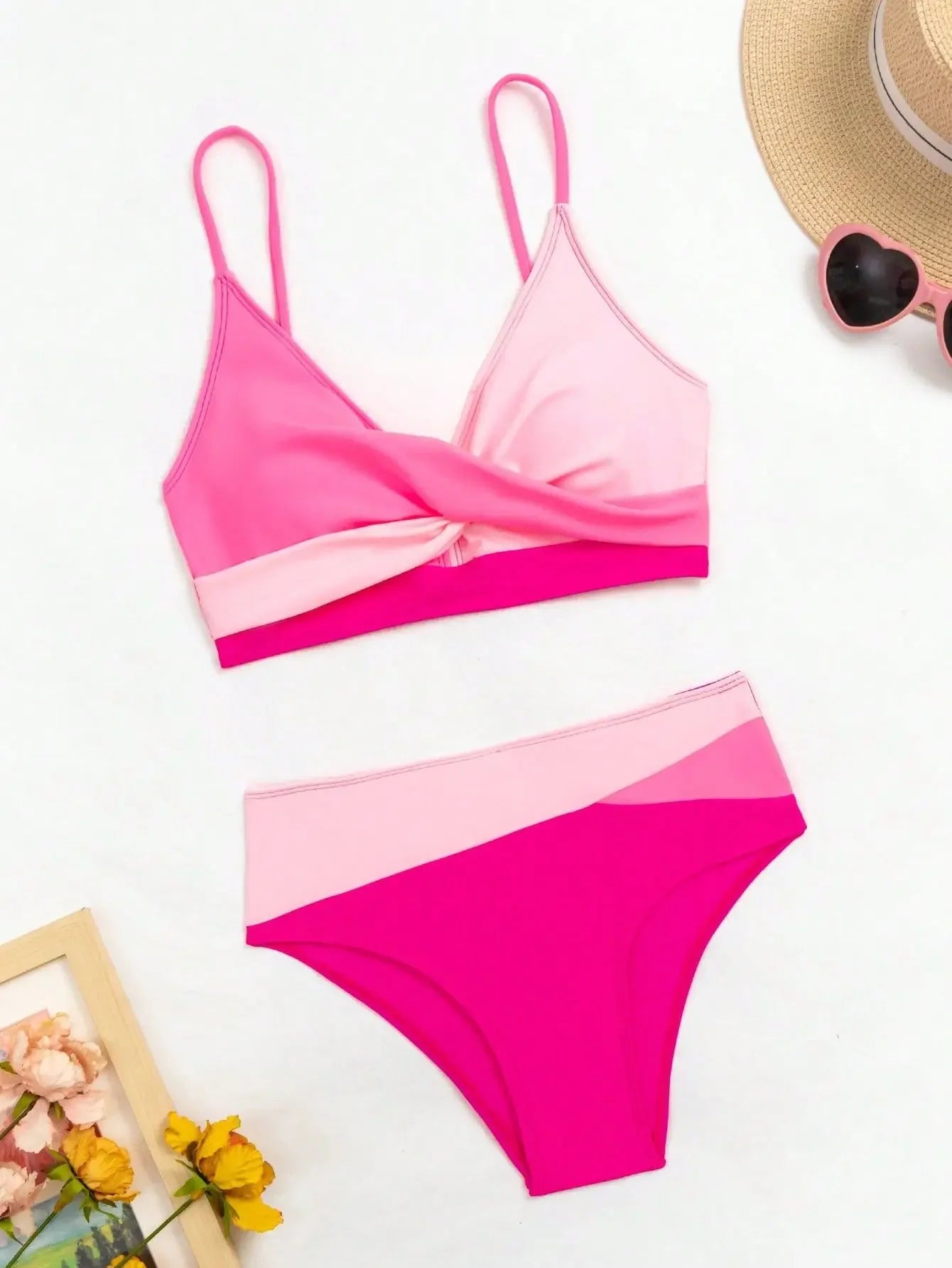 Patchwork 2 Piece Swimsuit for Women, high Waist V-neck Suspender Backless Bikini Set, summer Beach Vacation Swimwear