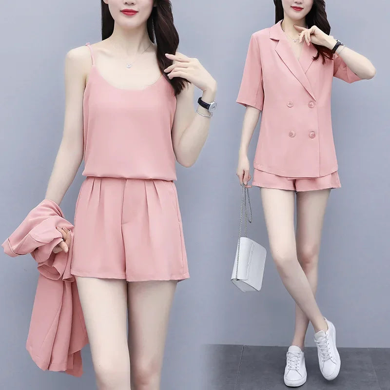 Plus Size Women's Fashionable Summer Set Cover Belly Shorts And Blouse Three Piece Set Stylish plus Size Clothing Ensemble