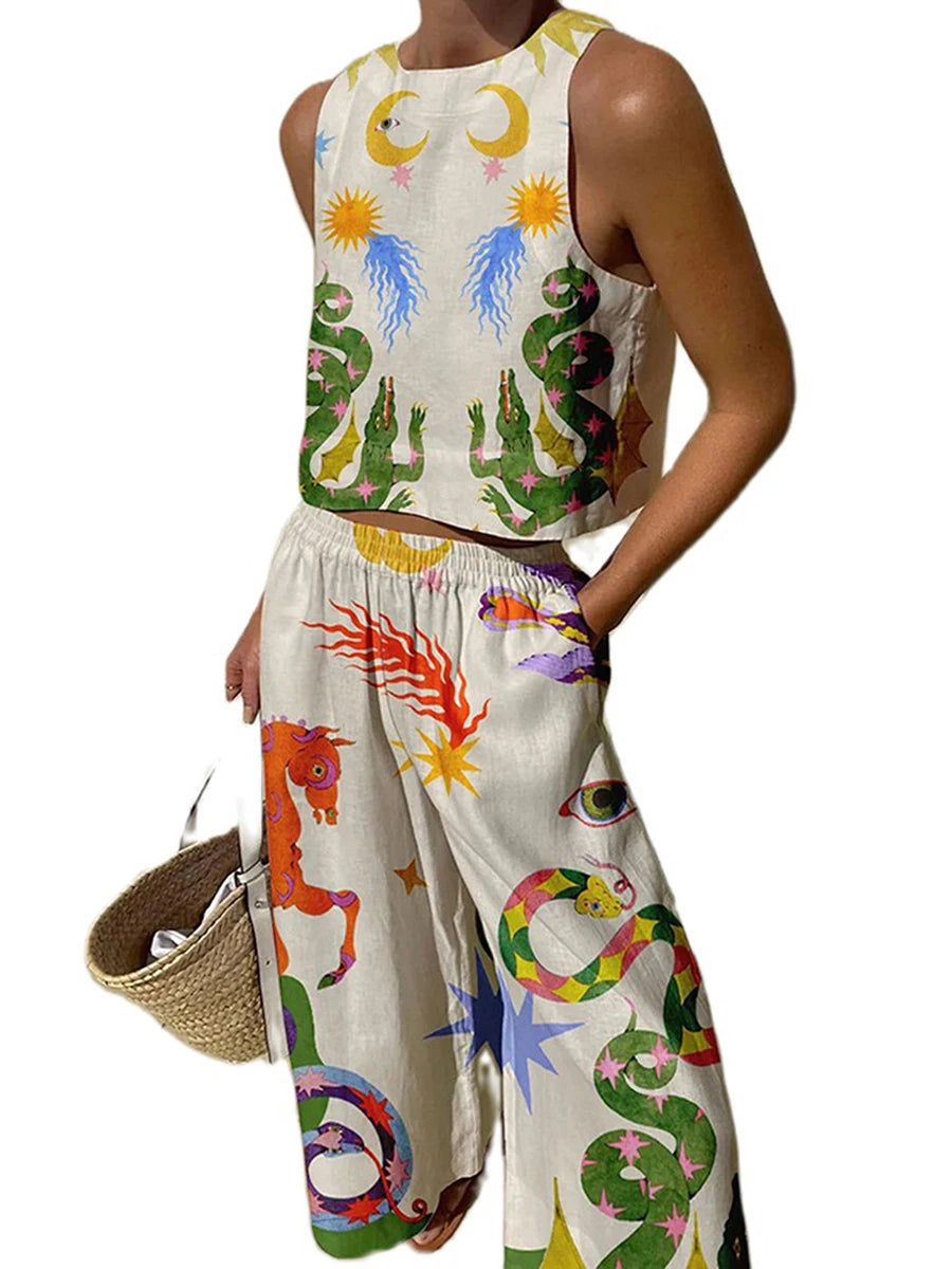 Women s Retro Style Crop Top and High Waisted Wide Leg Pants Set with Abstract Print Sleeveless Tank Top and Loose Fit