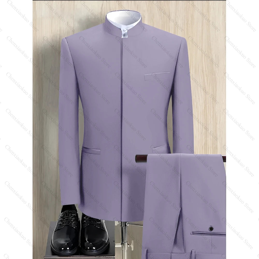 Fashion Solid Men Suits 2 Piece Stand Collar Long Sleeves Formal Outfits Chic Business Casual Wedding Tuxedo (Blazer+Pants)