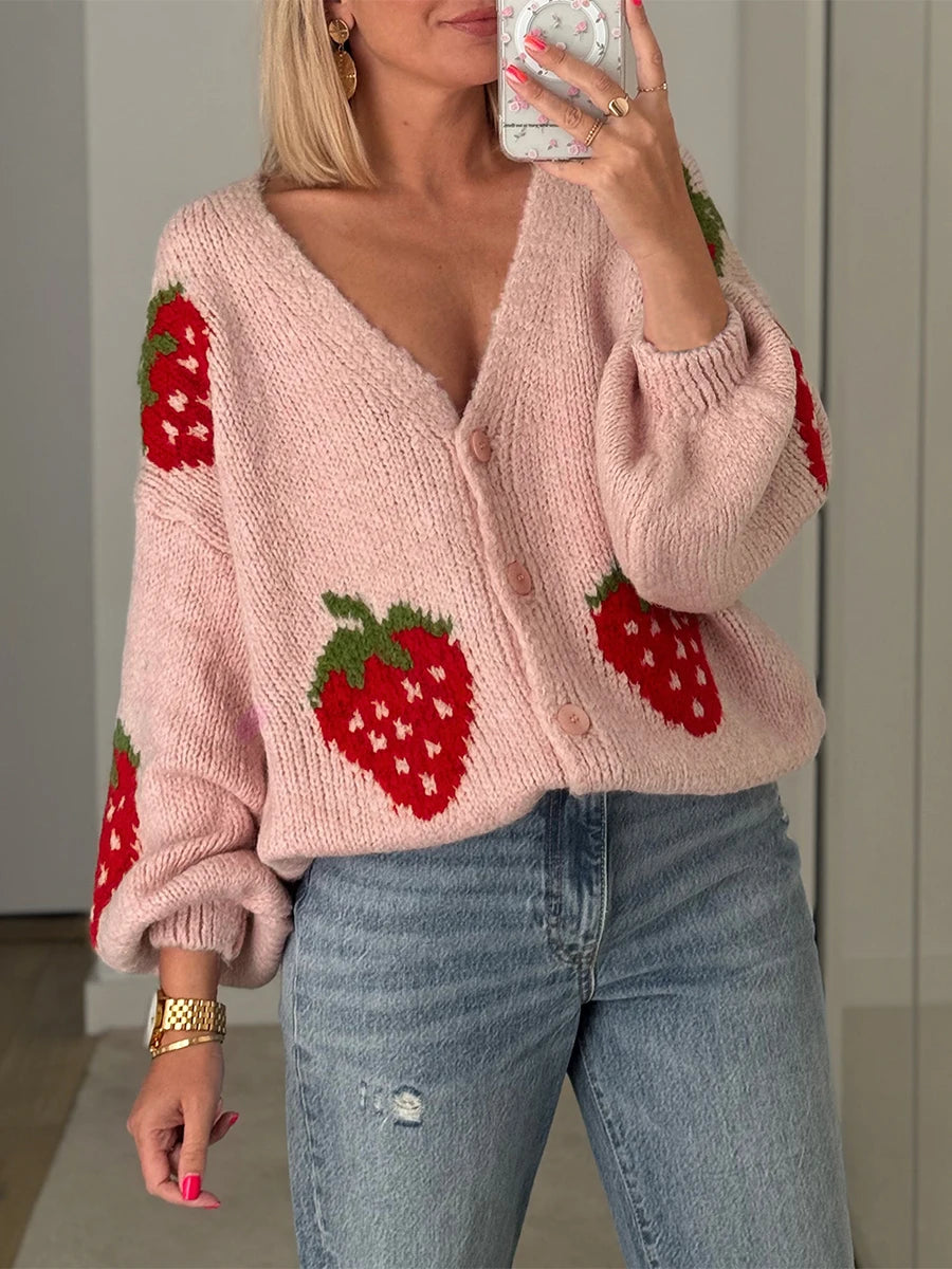 Women s Long Sleeve Knit Cardigan with Cherry Button Closure Cozy Fall Casual Jacket Sweater