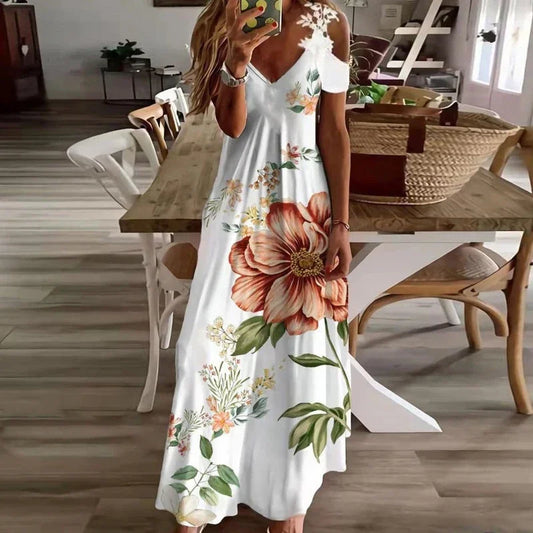 Women's Printed White Lace Cut-out Sleeves  Dress Summer Fashion Casual Long Dress