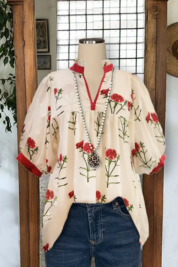 Elegant Floral Print Pleated Puff Sleeve V-neck  Flowers  Blouse